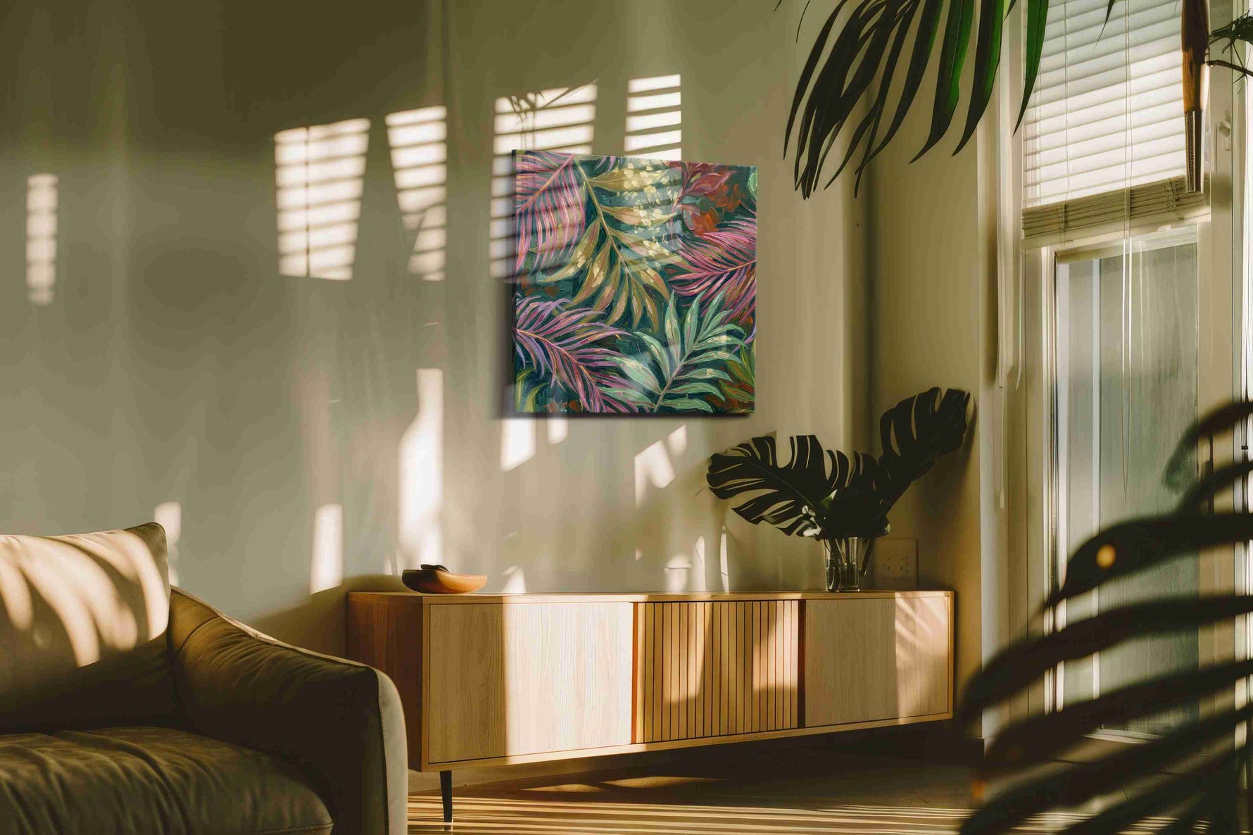 Tropical Whispers leaves canvas print, on wall, lifestyle preview