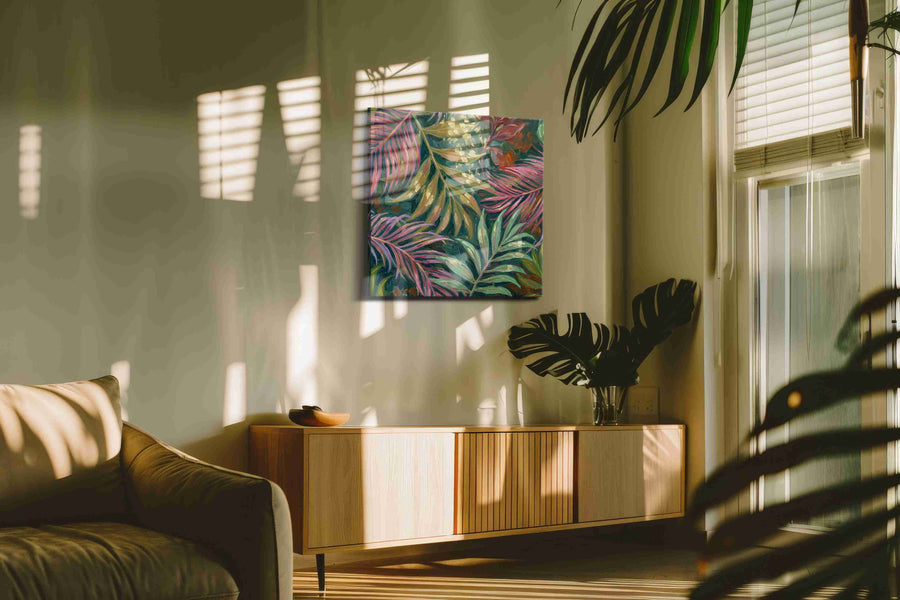 Tropical Whispers leaves canvas print, on wall, lifestyle preview