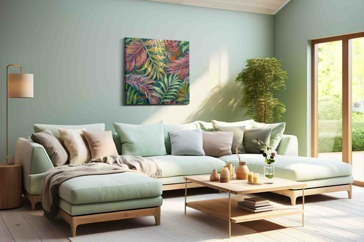 Tropical Whispers leaves canvas print, hanging on wall