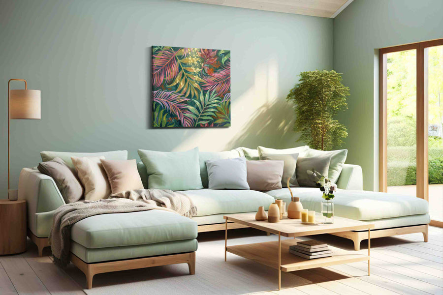 Tropical Whispers leaves canvas print, hanging on wall
