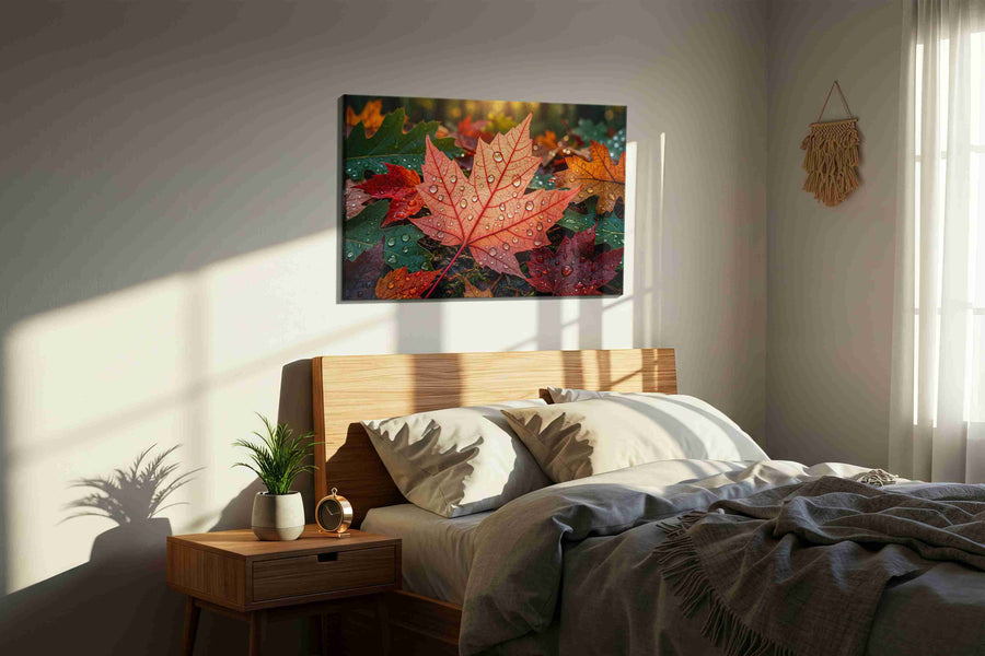 Whispers of Autumn Dew leaves canvas print, displayed in a bedroom
