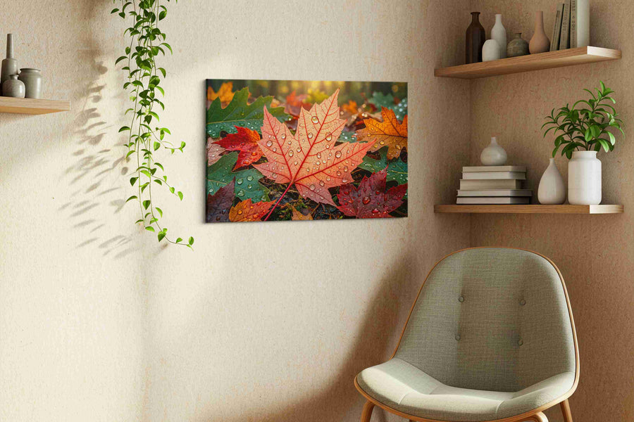 Whispers of Autumn Dew leaves canvas print, displayed in a living room