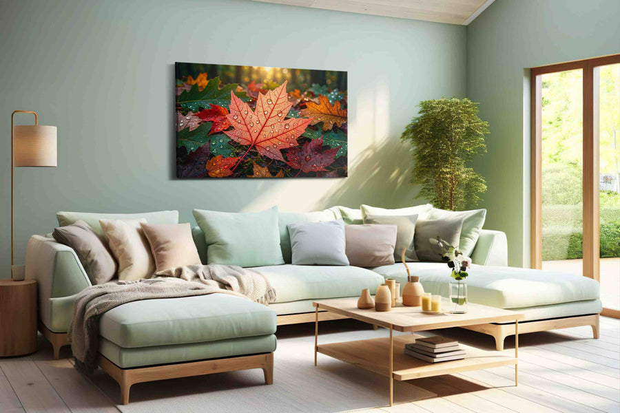 Whispers of Autumn Dew leaves canvas print, hanging on wall