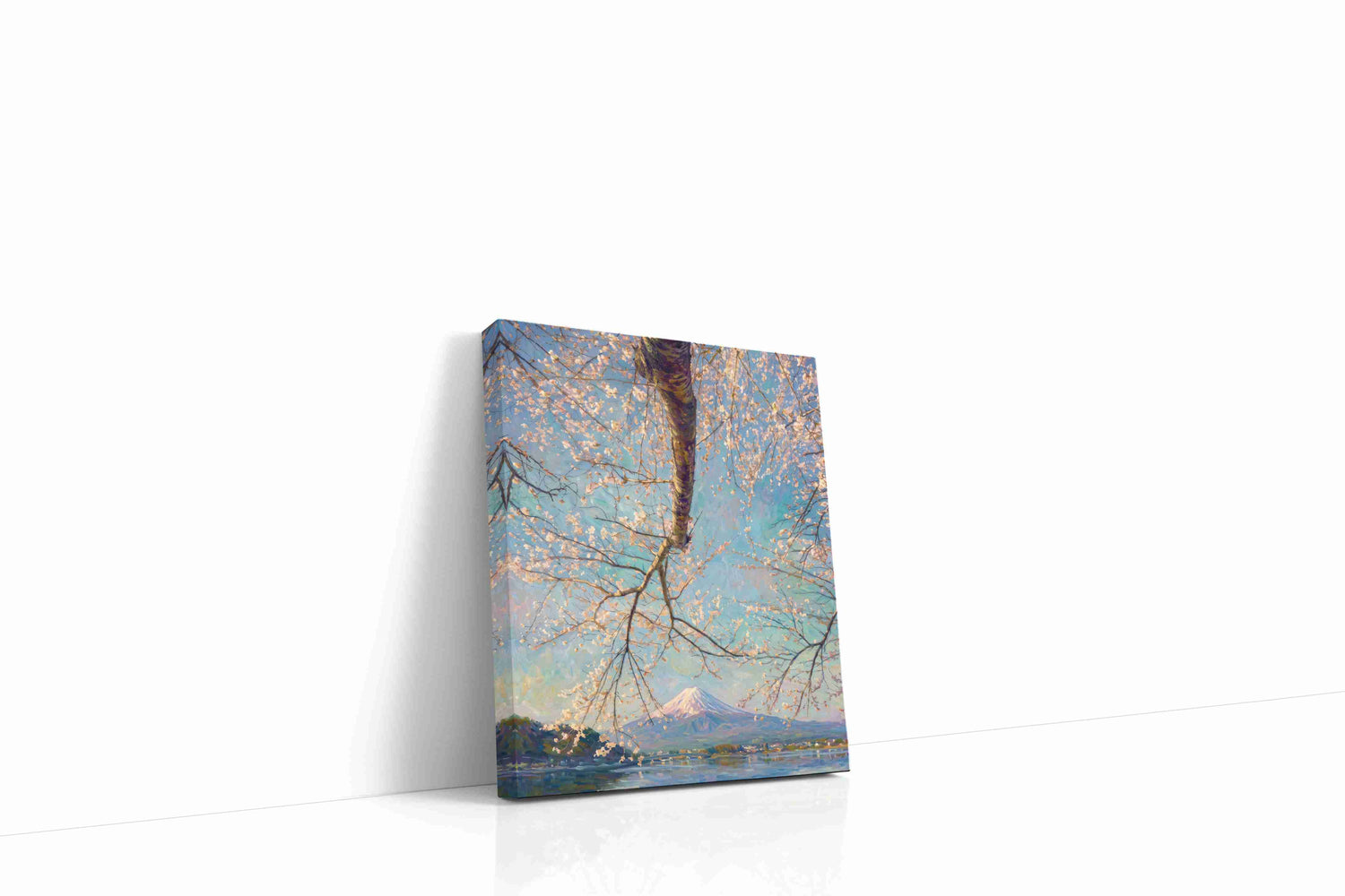 Cherry Blossoms and Serene Peaks landscape canvas print, gallery-wrapped, ready to hang