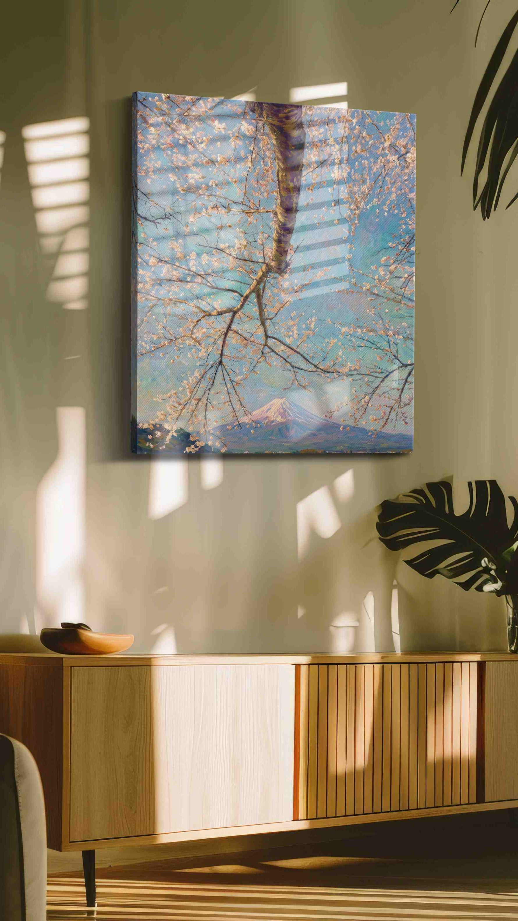 Cherry Blossoms and Serene Peaks landscape canvas print, displayed in a living room