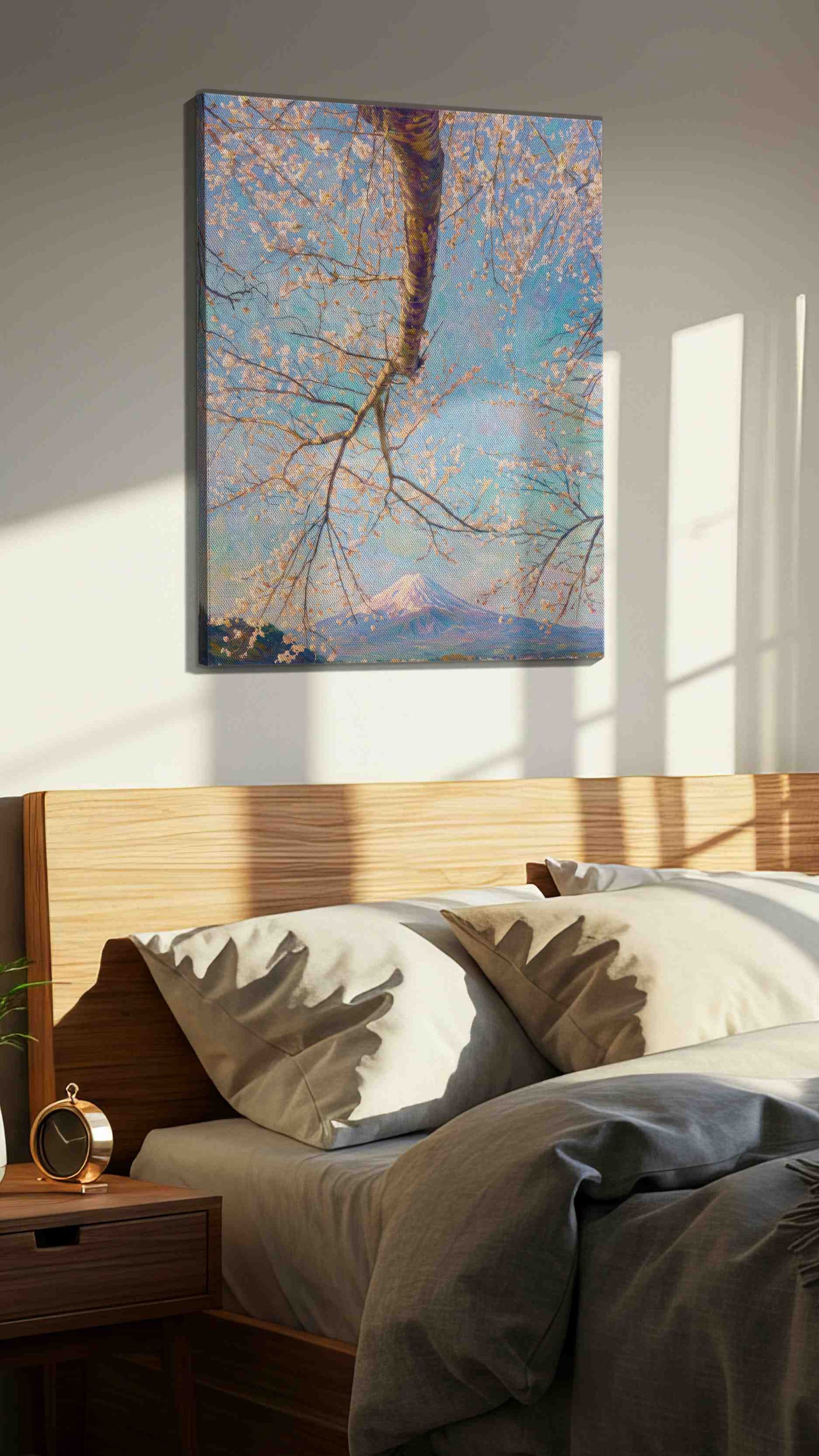 Cherry Blossoms and Serene Peaks landscape canvas print, displayed in a bedroom