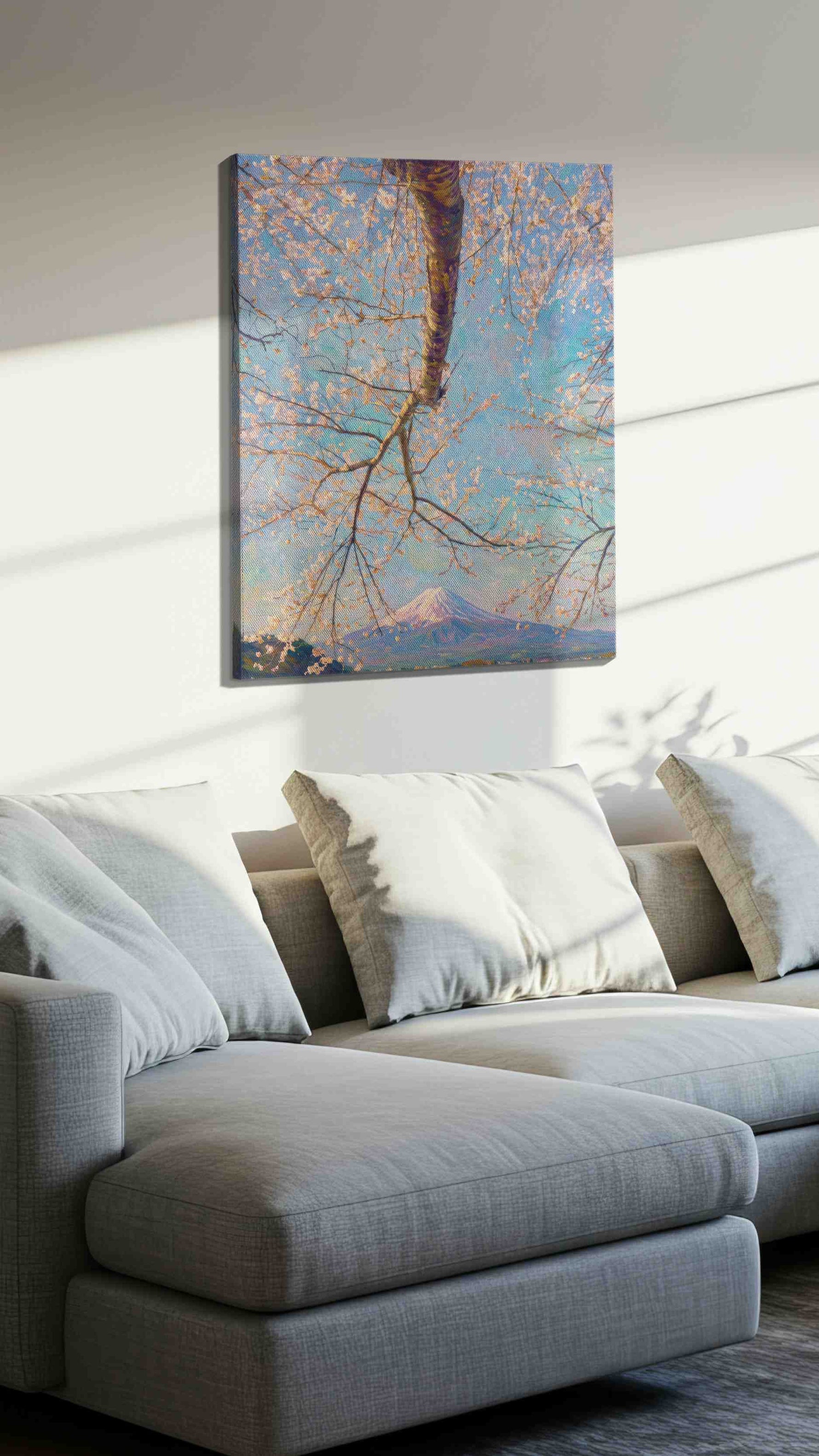 Cherry Blossoms and Serene Peaks landscape canvas print, gallery-wrapped, ready to hang — view 2