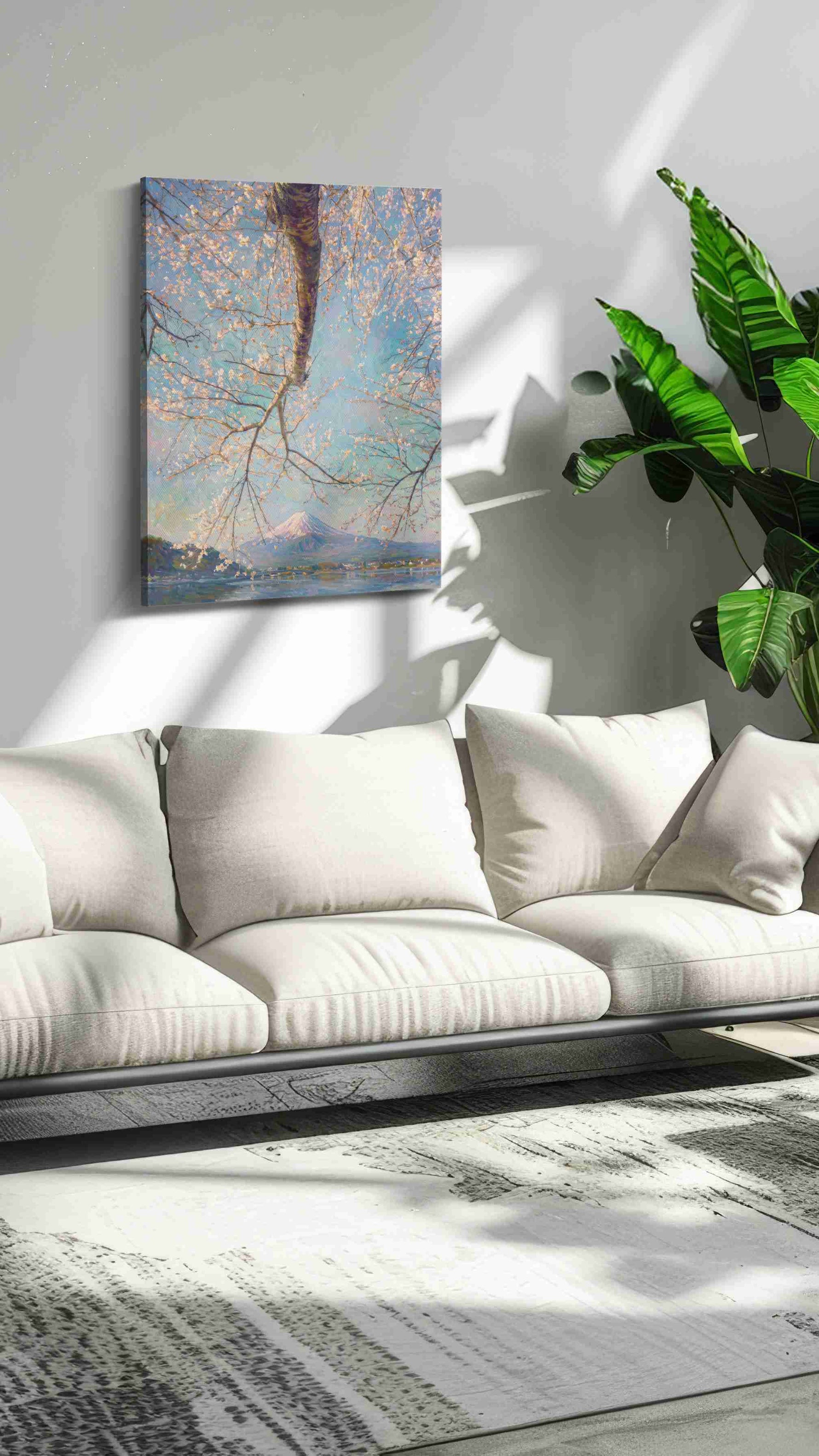 Cherry Blossoms and Serene Peaks landscape canvas print, hanging on wall