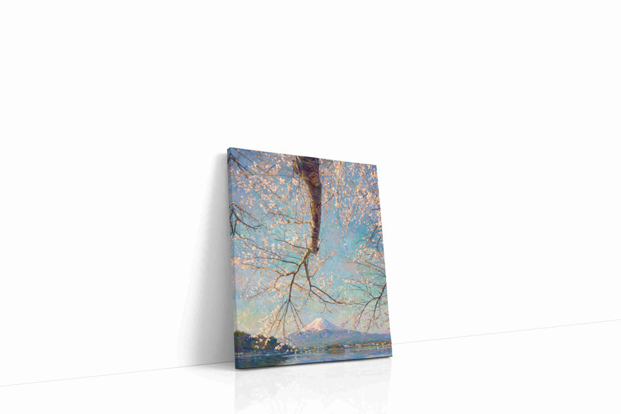 Cherry Blossoms and Serene Peaks landscape canvas print gallery-wrapped portrait canvas studio shot