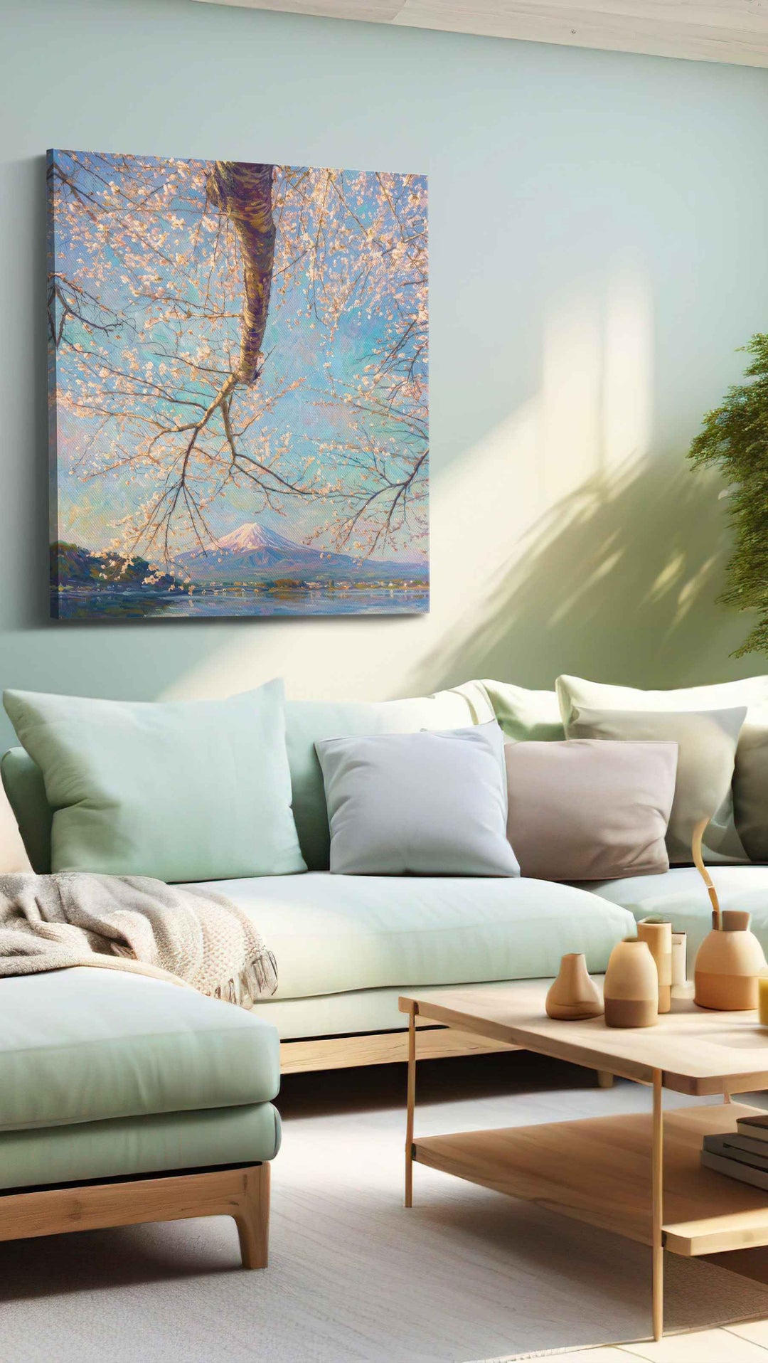 Cherry Blossoms and Serene Peaks - Landscape, Landscape Canvas Print, Scenic Wall Art, Nature Canvas Art