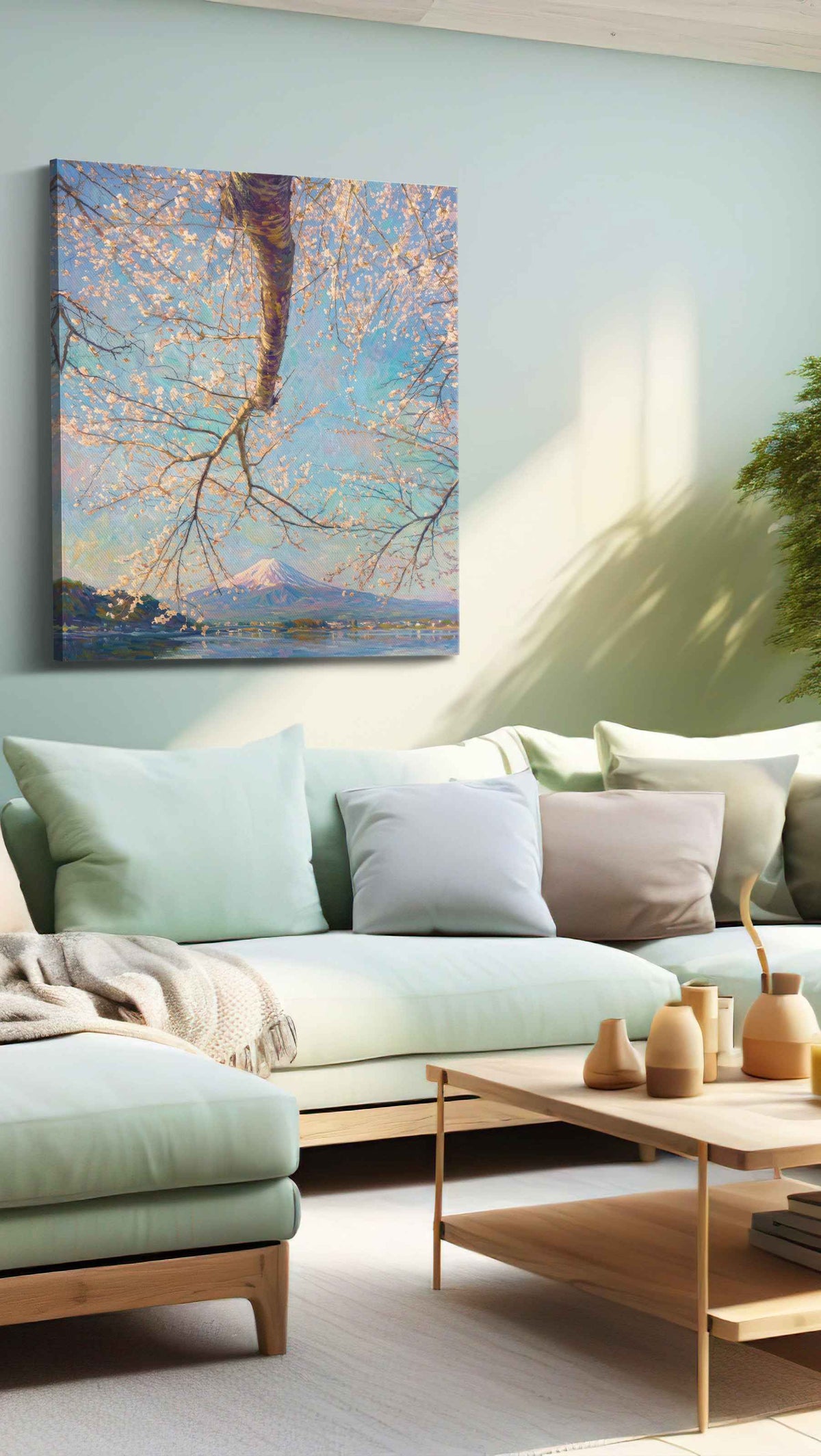 Cherry Blossoms and Serene Peaks - Landscape, Landscape Canvas Print, Scenic Wall Art, Nature Canvas Art