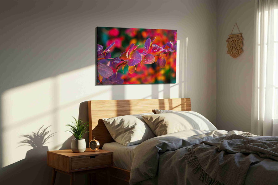 Raindrops on Fiery Petals leaves canvas print, displayed in a bedroom