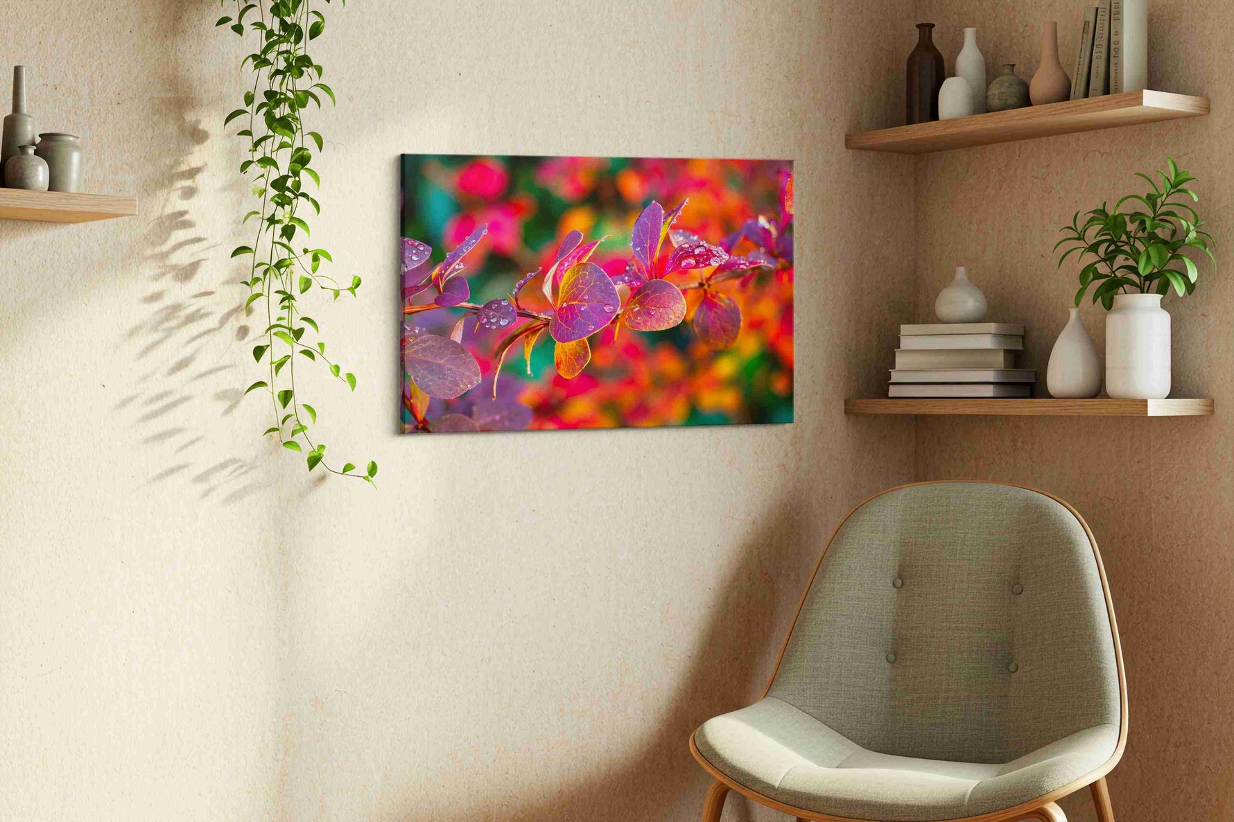 Raindrops on Fiery Petals leaves canvas print, displayed in a living room