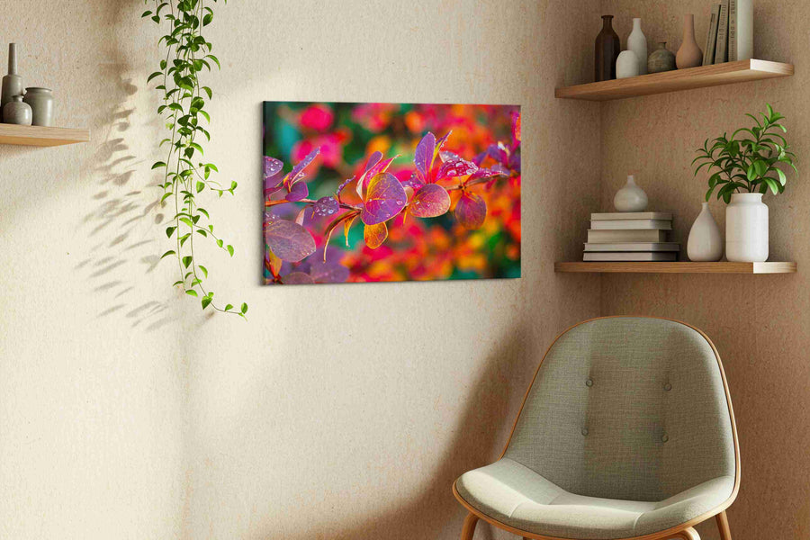 Raindrops on Fiery Petals leaves canvas print, displayed in a living room