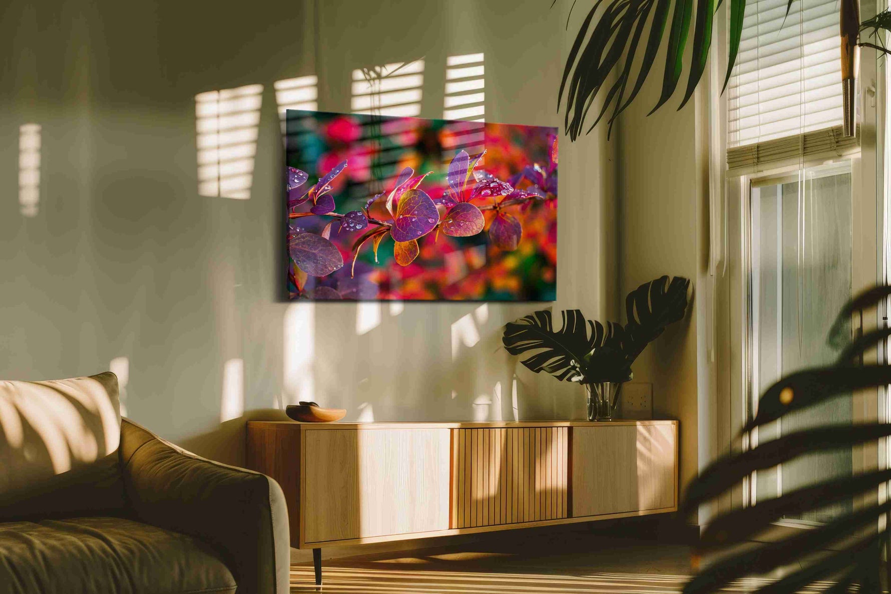 Raindrops on Fiery Petals leaves canvas print in a hung canvas mockup
