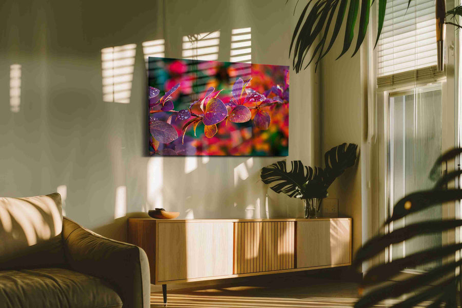 Raindrops on Fiery Petals leaves canvas print in a hung canvas mockup