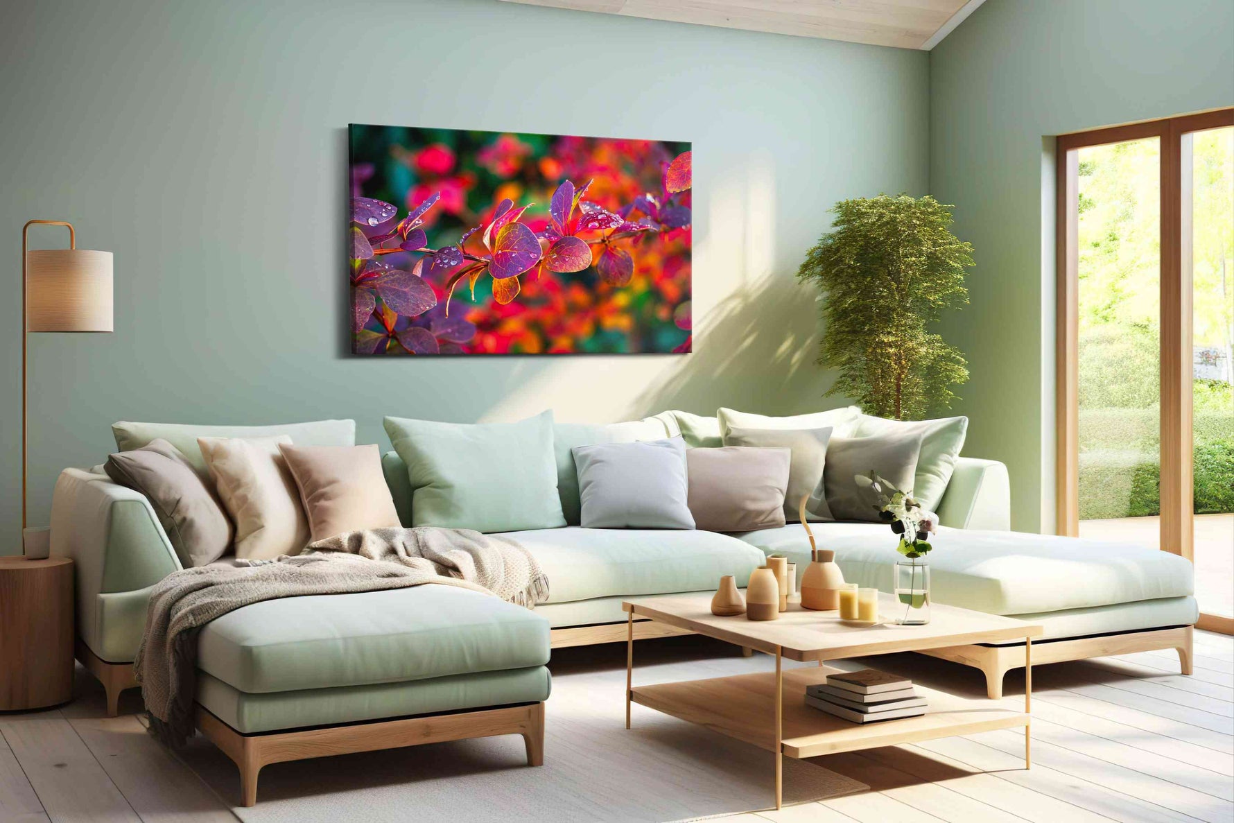 Raindrops on Fiery Petals - Leaves, Leaf Wall Art, Botanical Canvas Print, Nature Decor