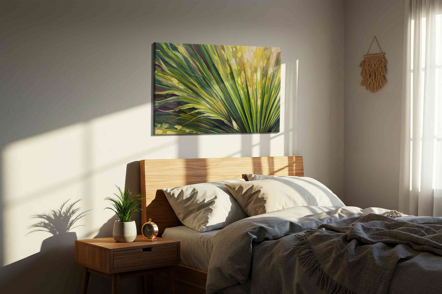 Verdant Whispers leaves canvas print, displayed in a bedroom