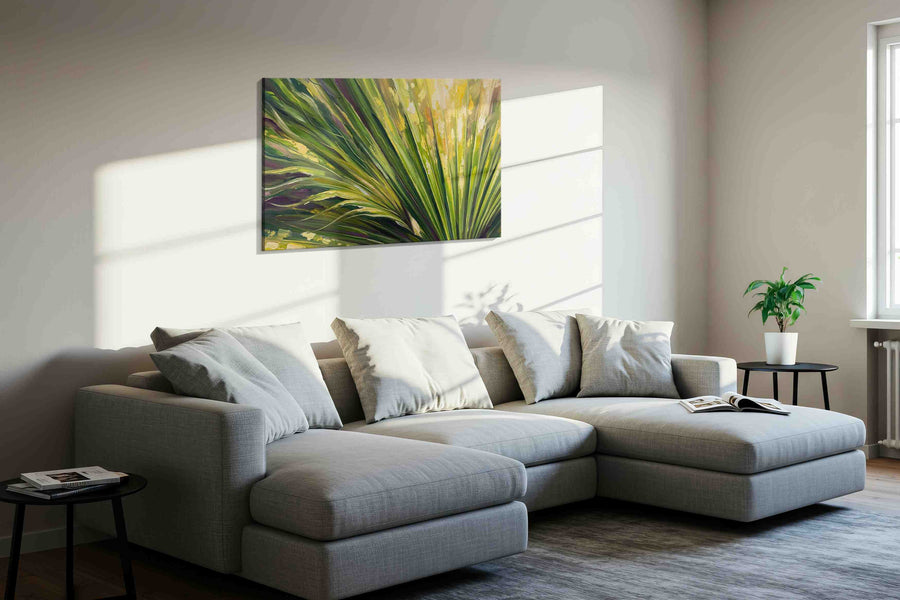 Verdant Whispers leaves canvas print, displayed in a living room