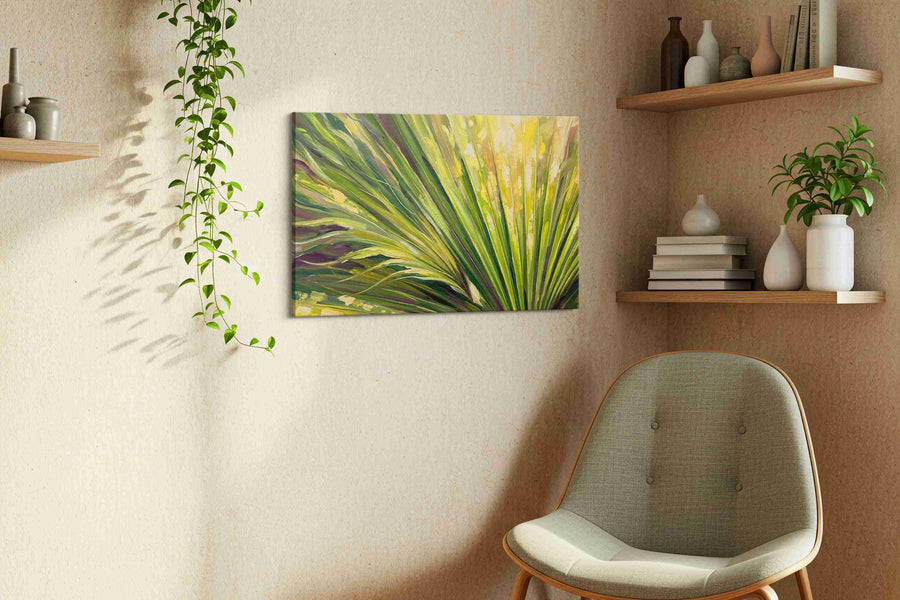 Verdant Whispers leaves canvas print in a living room scene