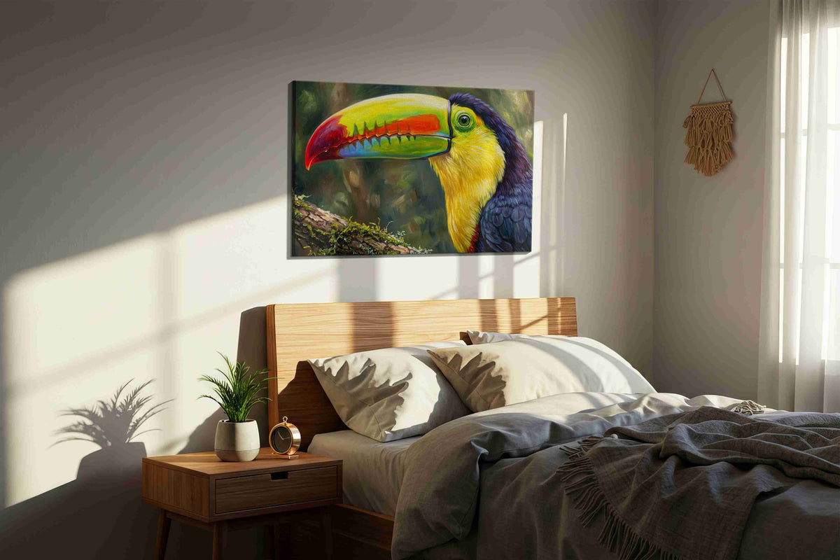 Vibrance of the Rainforest birds canvas print, displayed in a bedroom