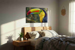 Vibrance of the Rainforest birds canvas print, displayed in a bedroom