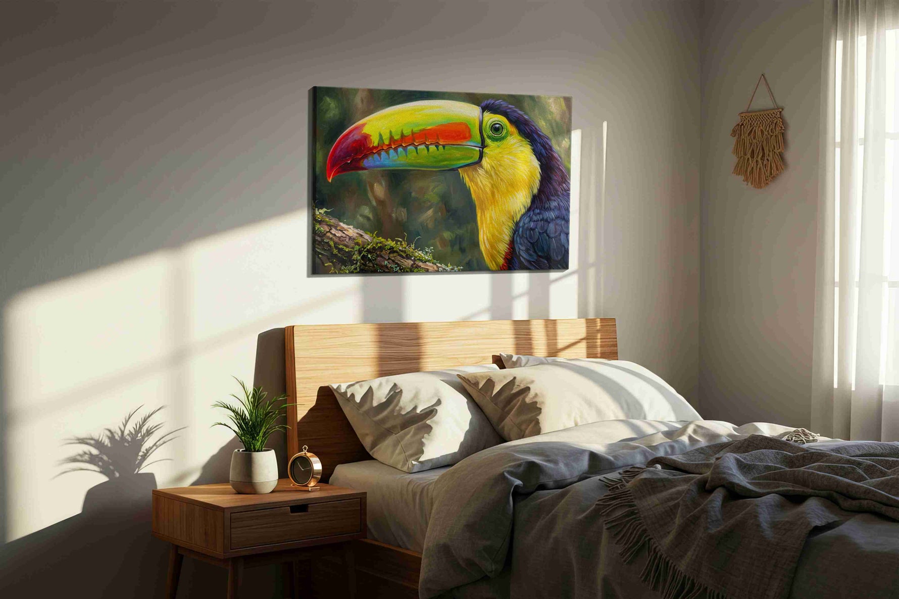 Vibrance of the Rainforest birds canvas print, displayed in a bedroom