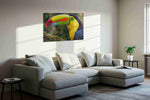 Vibrance of the Rainforest birds canvas print, displayed in a living room