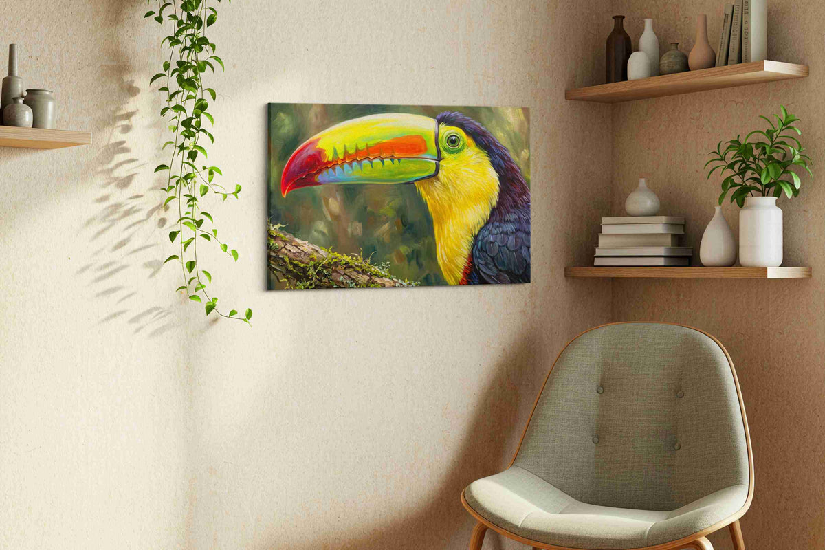 Vibrance of the Rainforest birds canvas print styled in a living room