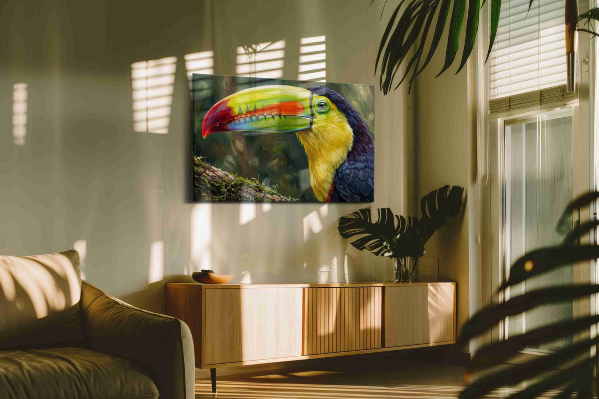Vibrance of the Rainforest birds canvas print, hanging on wall