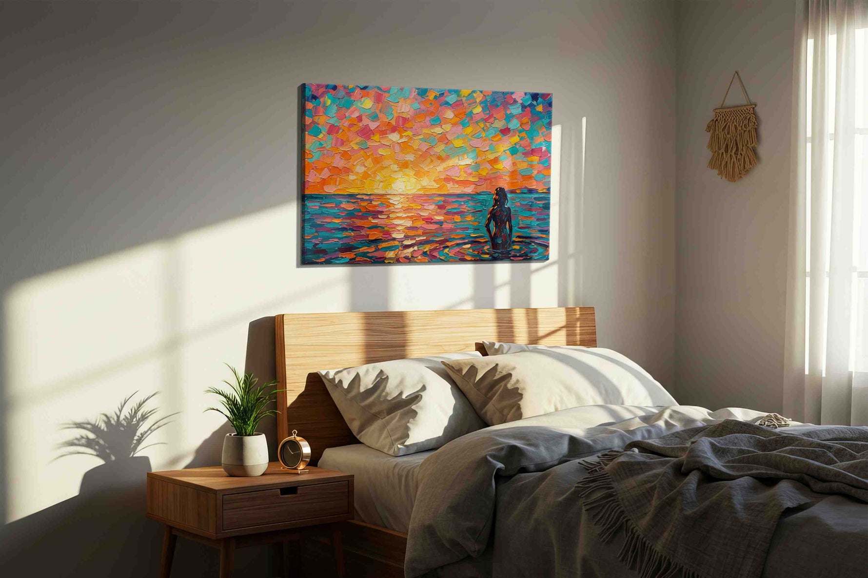 Sunset Symphony in Color landscape canvas print, displayed in a bedroom