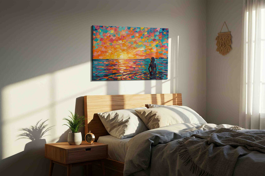 Sunset Symphony in Color landscape canvas print, displayed in a bedroom