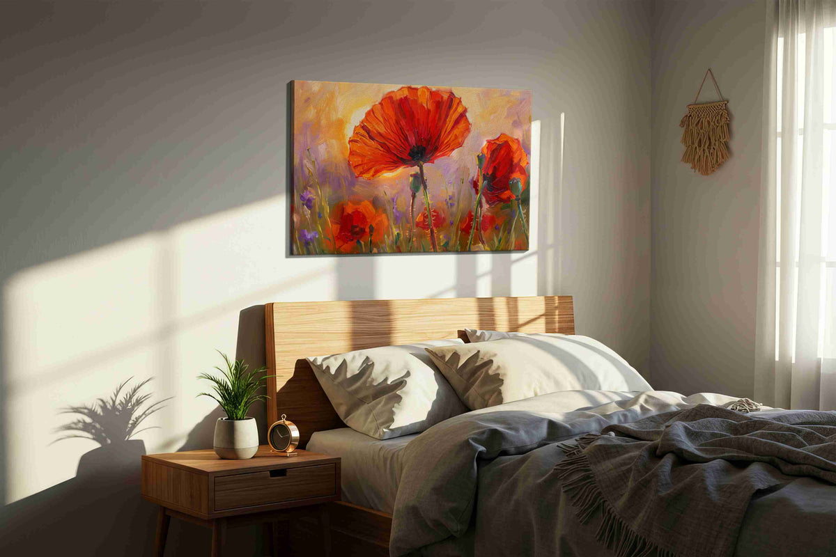 Eternal Poppies at Sunset poppies canvas print, displayed in a bedroom