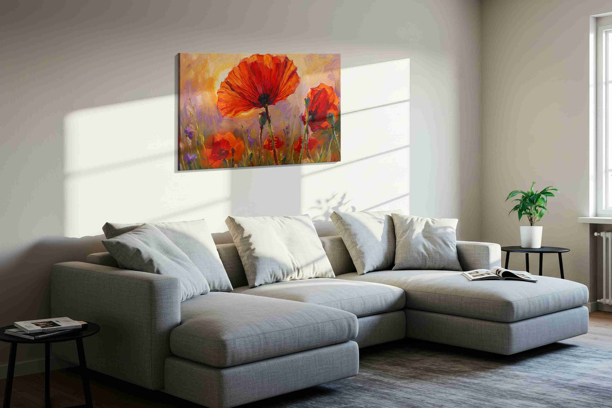Eternal Poppies at Sunset poppies canvas print, displayed in a living room