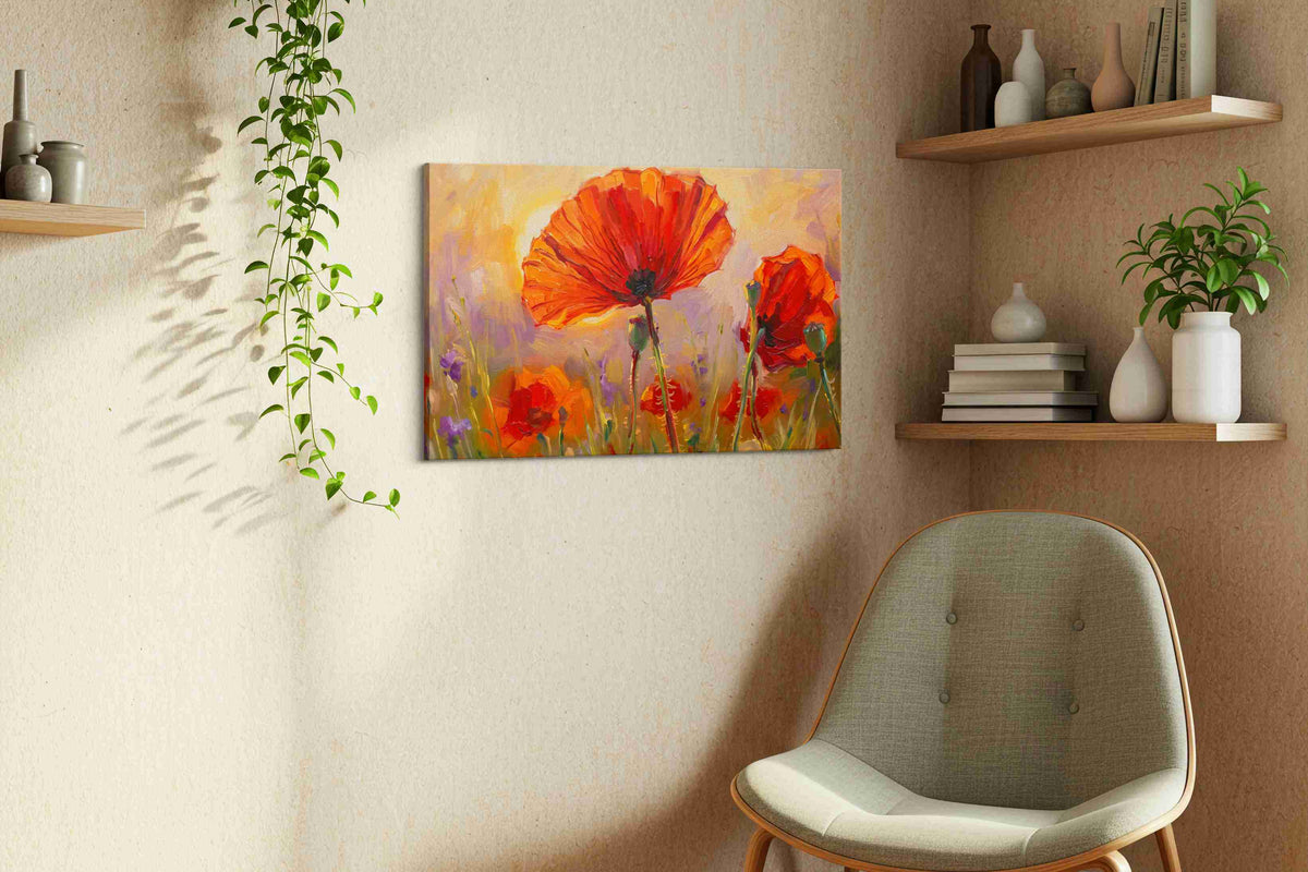 Eternal Poppies at Sunset poppies canvas print styled in a living room