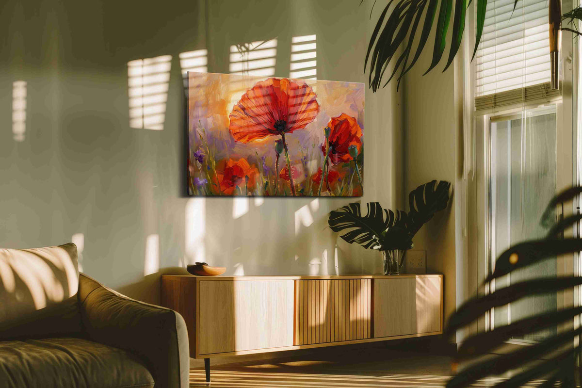 Eternal Poppies at Sunset poppies canvas print in a hung canvas mockup