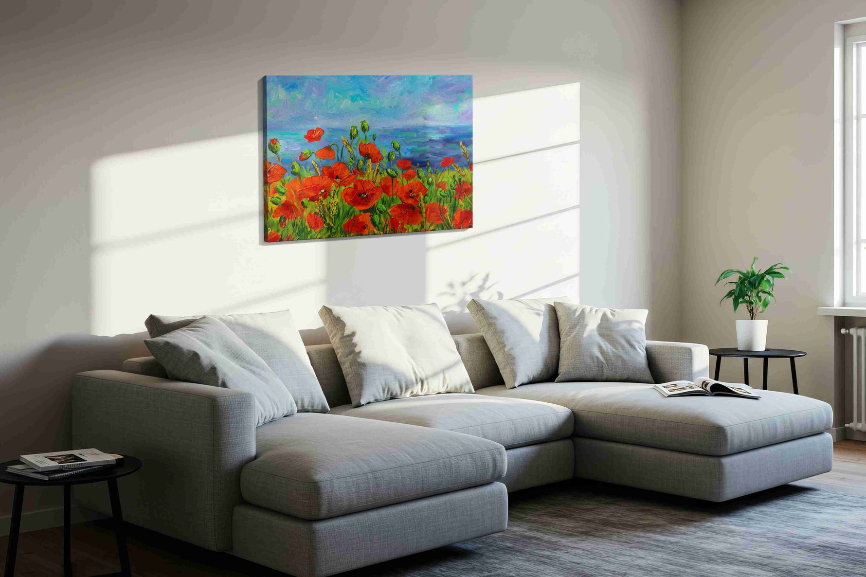 Scarlet Symphony by the Sea poppies canvas print, displayed in a living room