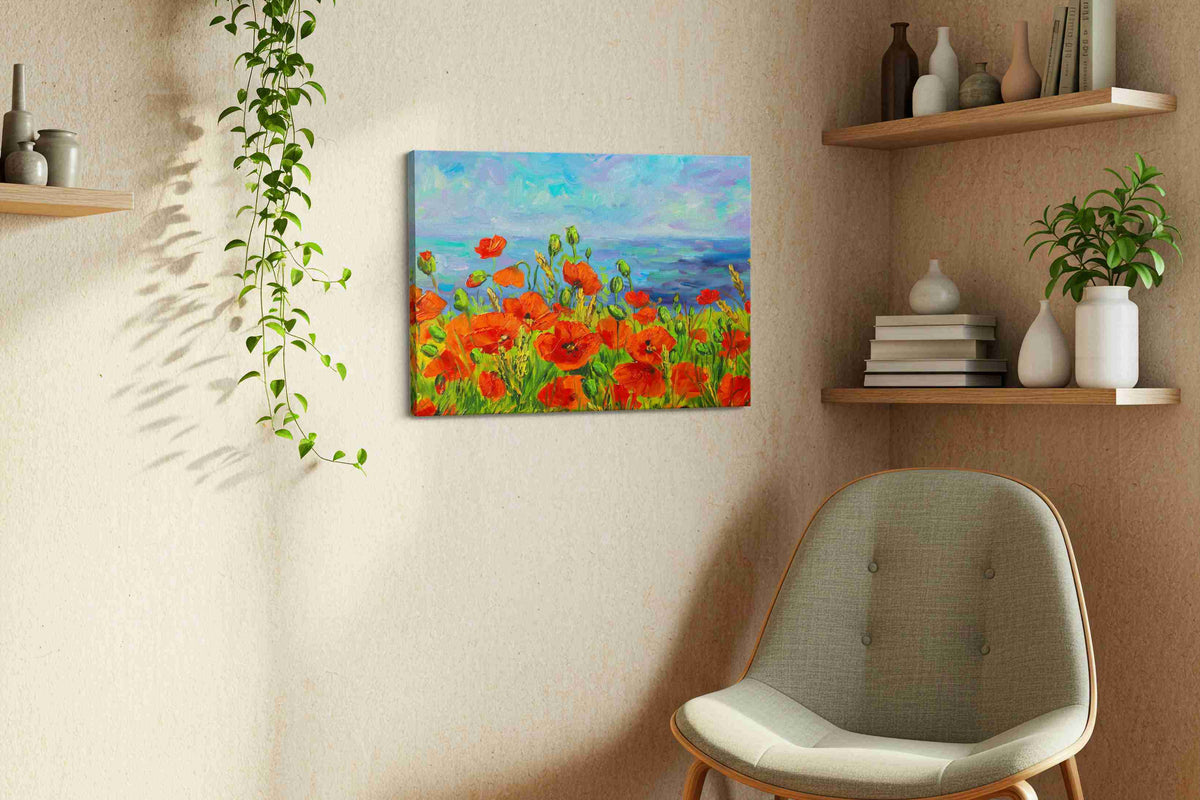 Scarlet Symphony by the Sea poppies canvas print, hanging on wall — view 3