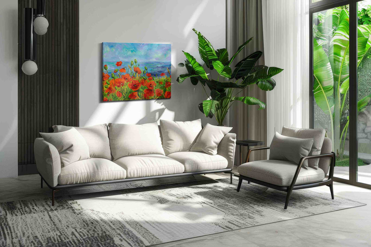 Scarlet Symphony by the Sea poppies canvas print, hanging on wall