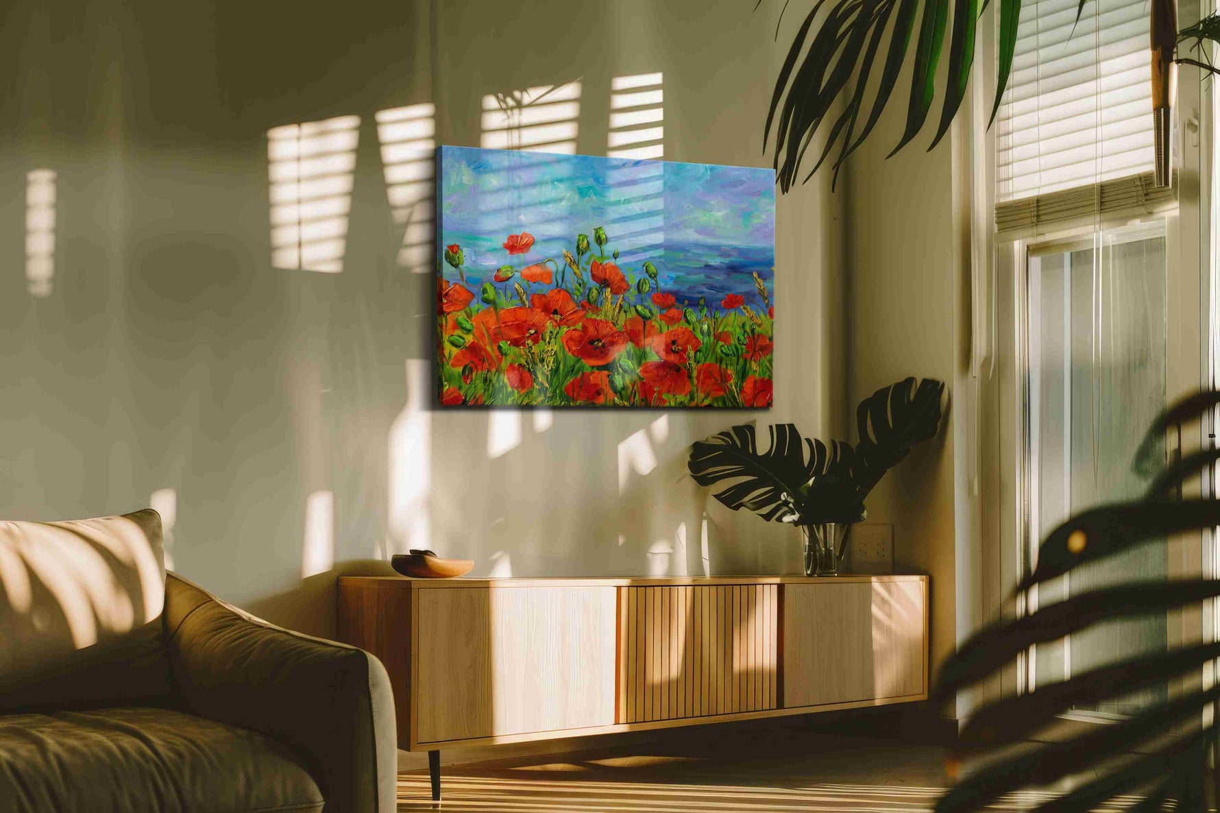 Scarlet Symphony by the Sea poppies canvas print in a hung canvas mockup