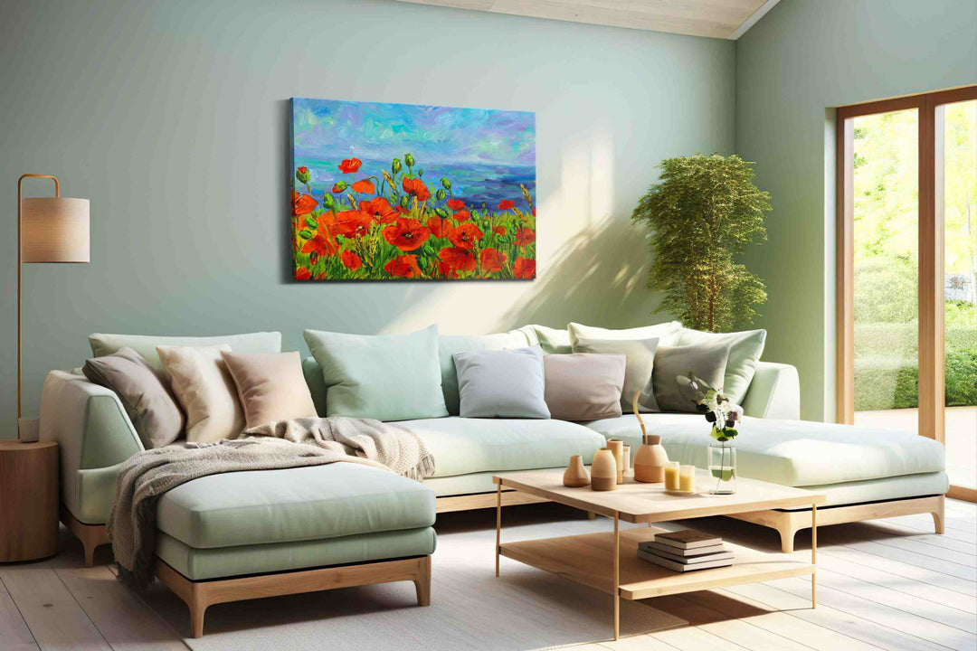 Scarlet Symphony by the Sea - Poppy Wall Art, Floral Canvas Print, Flower Decor