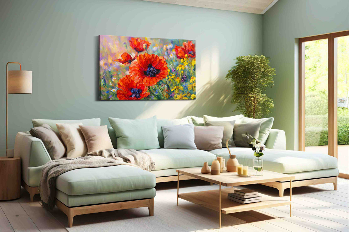 Vibrant Harmony of Poppies poppies canvas print shown in a wall scene