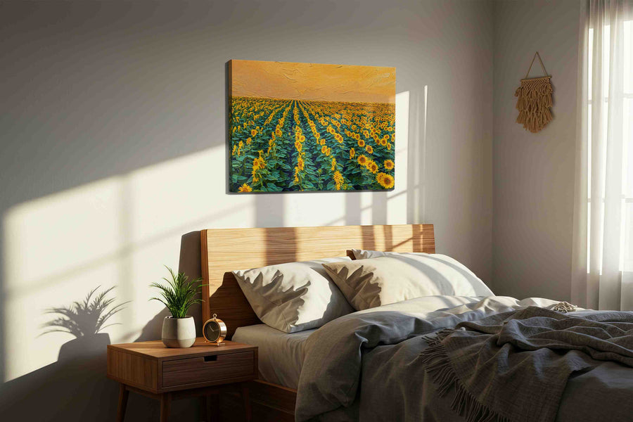 Golden Symphony of Sunflowers sunflowers canvas print, displayed in a bedroom