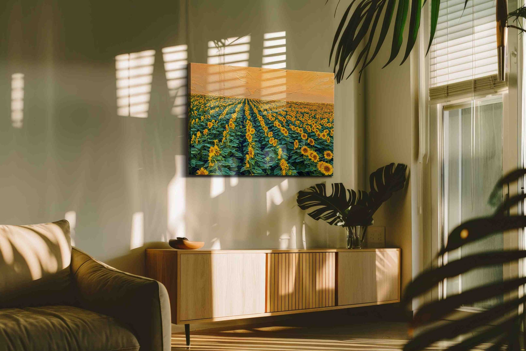 Golden Symphony of Sunflowers sunflowers canvas print in a hung canvas mockup