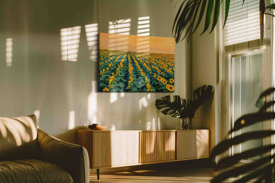 Golden Symphony of Sunflowers sunflowers canvas print in a hung canvas mockup