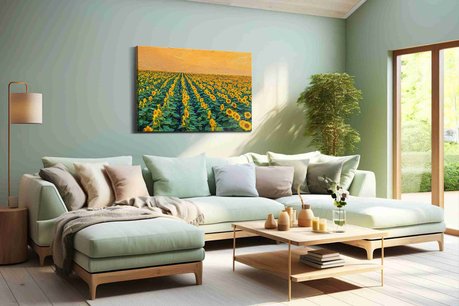 Golden Symphony of Sunflowers sunflowers canvas print shown in a wall scene