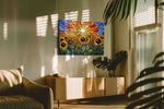 Radiant Sunburst Over Sunflower Fields sunflowers canvas print, displayed in a living room