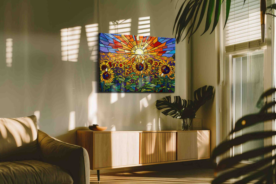 Radiant Sunburst Over Sunflower Fields sunflowers canvas print, displayed in a living room