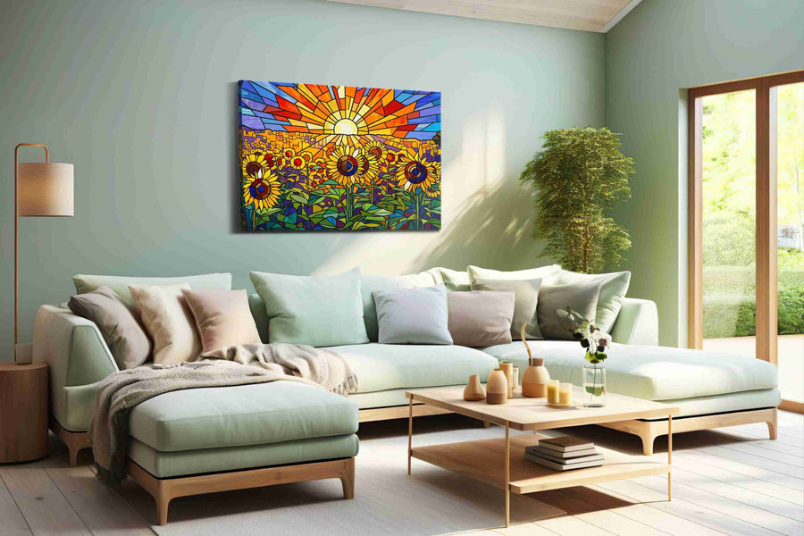 Radiant Sunburst Over Sunflower Fields sunflowers canvas print shown in a wall scene