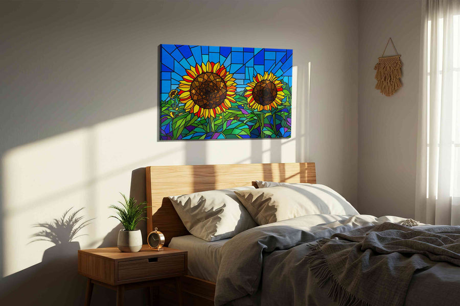 Radiant Sunlit Blooms sunflowers canvas print, displayed in a bedroom